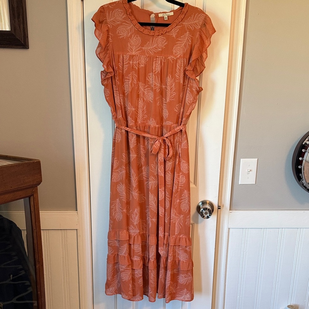 Rust Floral Ruffle Tie-Waist Midi Dress